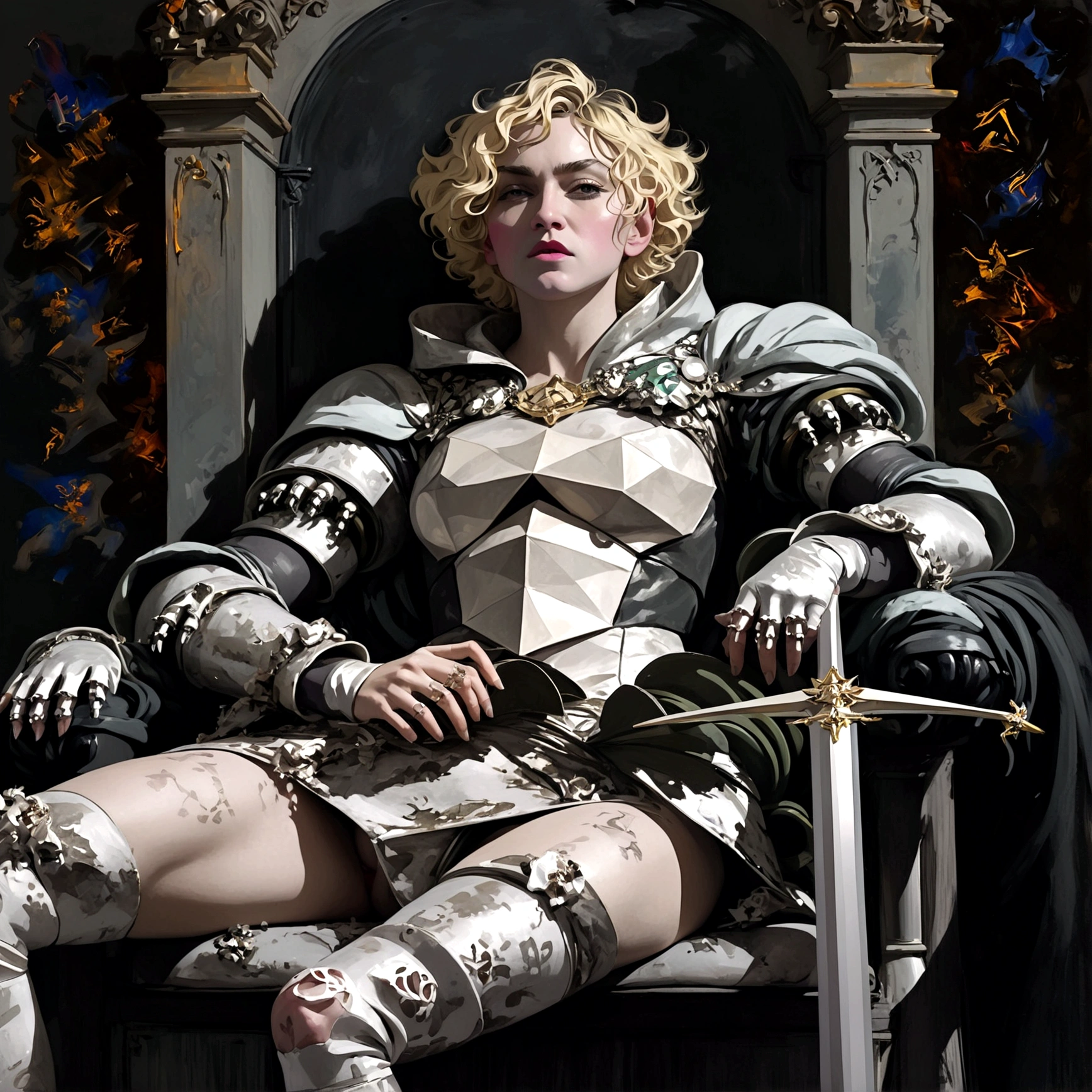 Imagine the singer Madonna at 30 years old sitting on an epic throne, with no clothes alone naked