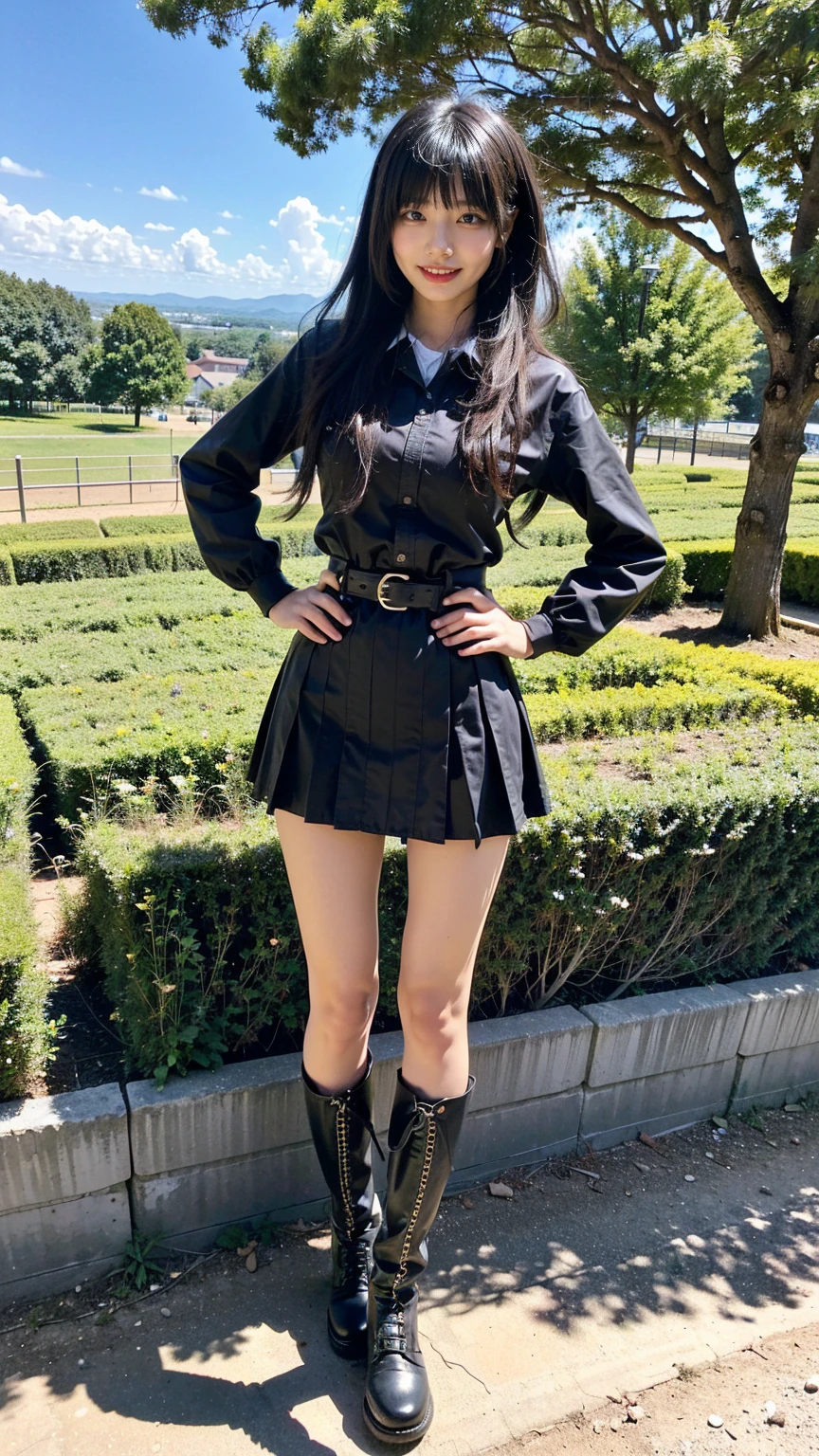 (8K、RAW Photos、Highest quality、masterpiece:1.2)、(Realistic、Realistic)、1 Girl、((mini skirt、black、Thin legs、whole body、boots、blackいコート、one piece、garden、smile、View from the front、Looking into the camera、belt、Stand with hands on hips))、