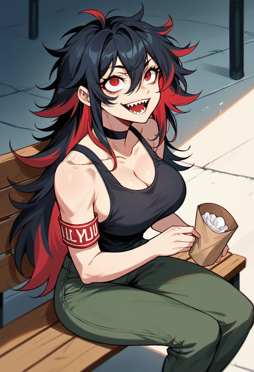 NSFW,Highest quality, Intricate details, chromatic aberration, One girl, Long Hair, Black Hair, Messy Hair, Red highlights, Hair on one eye, Red eyes, Sharp eyes, choker,Teeth bare,Black tank top,Army Pants,Big Breasts, Armband, Full Art,Character portrait,Wicked Smile,Shoulder the rifle,Urban area,lure,Looking up,bench,sit,Open your mouth,Holding a paper cup