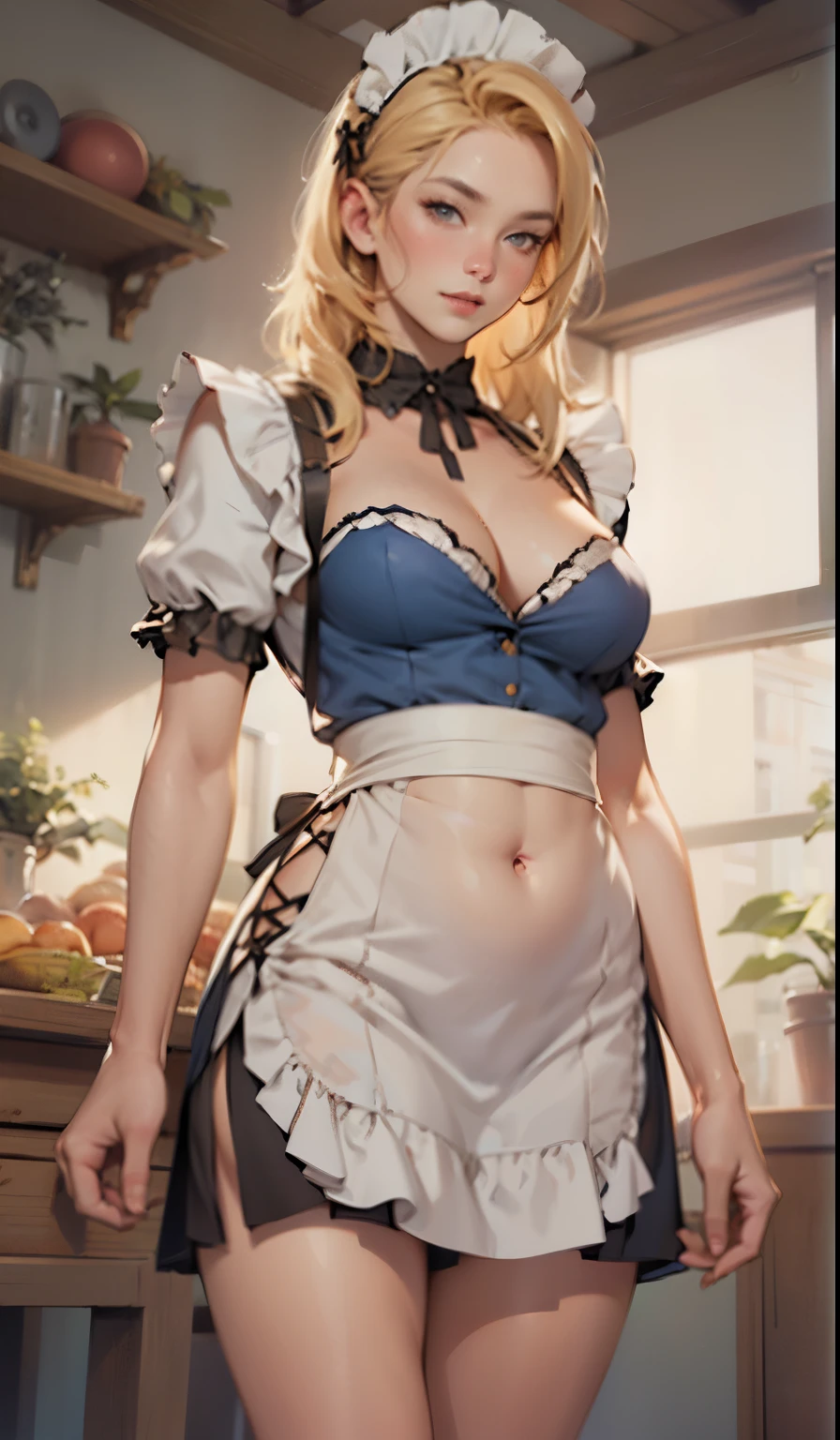 masterpiece, ultra realistic, blonde, maid dress, mini skirt, medium hair, cleavage, waist, naval, belly, loose appron, serve the dish