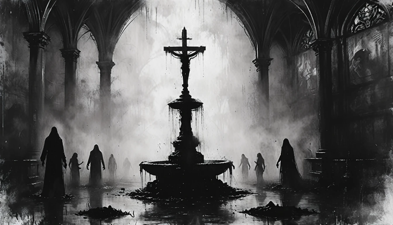 a painting of a ((fountain with corpses)), dead bodies, vampire the masquerade bloodlines, incredible art, gloomy background, nimbus, church ragged vestments, darksketch