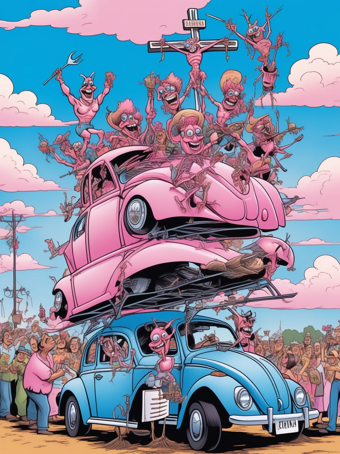 Cartoon style caricature, high detail cartoon, CROSS with a plow disc under the hood used as a barbecue grill . A Pink Beetle with people hanging out celebrating and barbecuing on a barbecue grill on top of the hood of the Pink Beetle, harvest festival parade Entre Rios de Minas, Gothic art . BLUE sky highlighting the scene, anatomically correct, high details, high quality