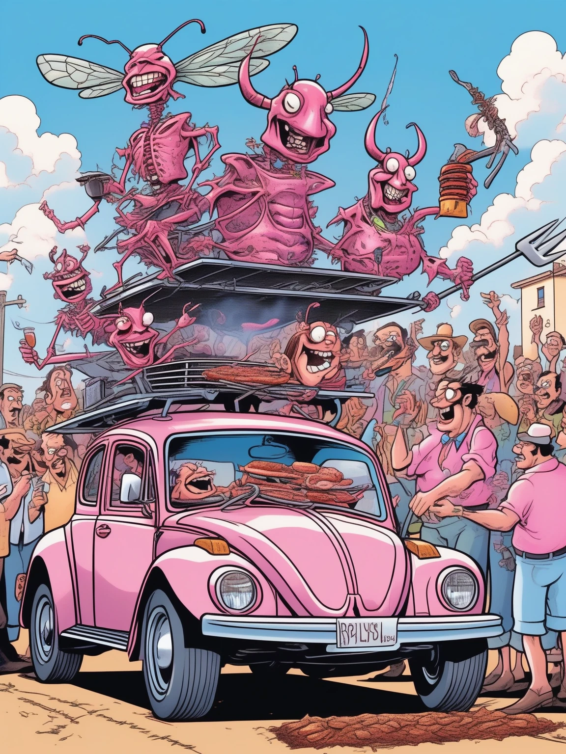 Cartoon style caricature, high detail cartoon, CROSS with a plow disc under the hood used as a barbecue grill . A Pink Beetle with people hanging out celebrating and barbecuing on a barbecue grill on top of the hood of the Pink Beetle, harvest festival parade Entre Rios de Minas, Gothic art . BLUE sky highlighting the scene, anatomically correct, high details, high quality