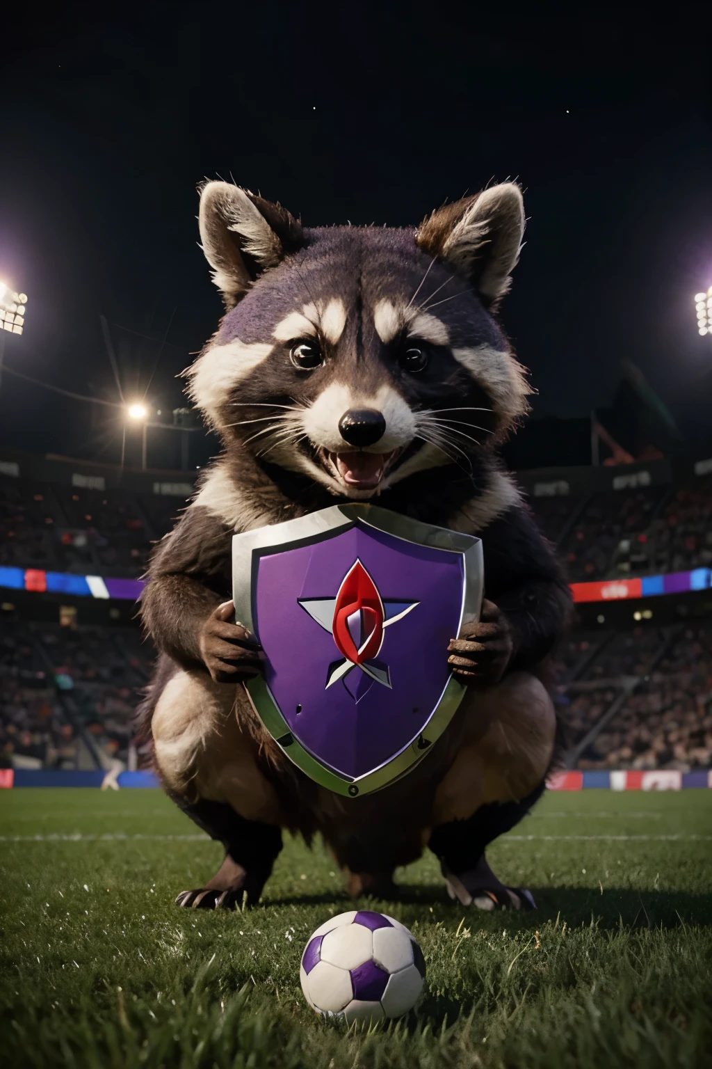 Purple soccer shield with a raccoon in the center and with the name rockets fc