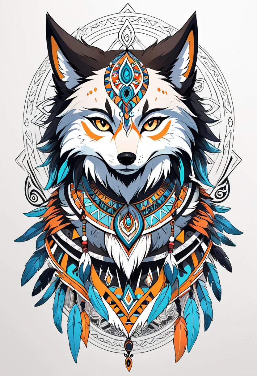 8k, cover_page, Tribal Spirit animals, A t-shirt design inspired by tribal art and folklore, featuring intricately detailed spirit animals such as wolves, The design incorporates geometric patterns and bold linework to create a striking and powerful composition, white background,