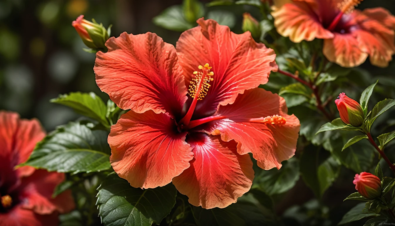 A stunning close-up photograph of a vibrant red hibiscus, also known as a papa flower, in full bloom. The intricately detailed petals display a rich color palette, with a warm golden center that gleams and radiates light. The background is skillfully blurred, drawing the viewer's attention to the flower's beauty and complexity. The image captures the essence of nature's simple yet profound beauty.
