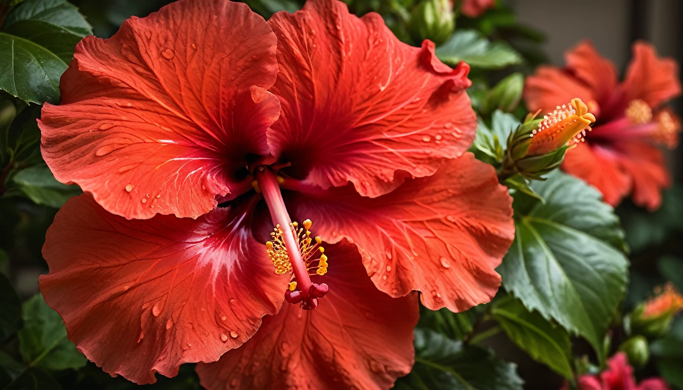 A stunning close-up photograph of a vibrant red hibiscus, also known as a papa flower, in full bloom. The intricately detailed petals display a rich color palette, with a warm golden center that gleams and radiates light. The background is skillfully blurred, drawing the viewer's attention to the flower's beauty and complexity. The image captures the essence of nature's simple yet profound beauty.