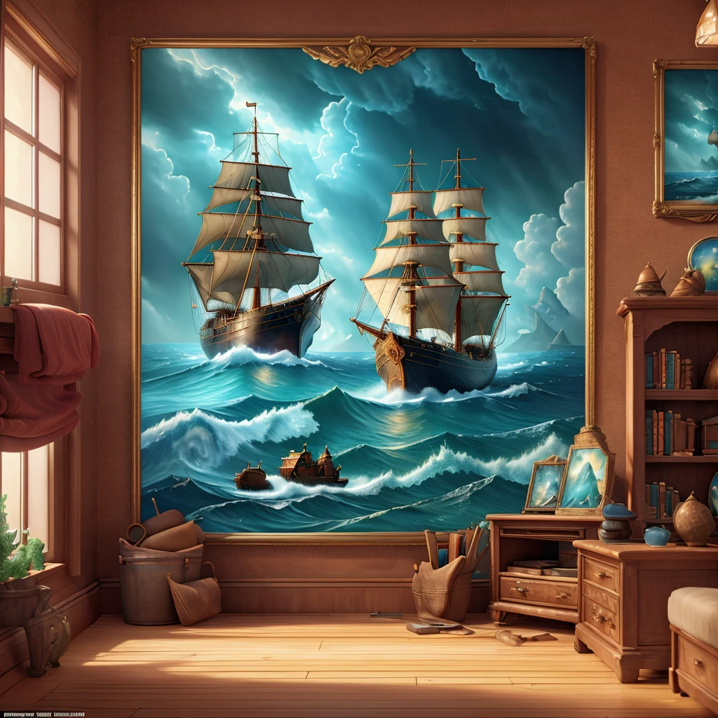 8K, UHD, HDR, intricate details, photograph, realistic, highly detailed,
An oil painting depicting a ship on a turbulent ocean. Water pours from the painting into the room and onto the floor.
Fantasy style. Fantasy dreamlike art. Surreal Harmony.