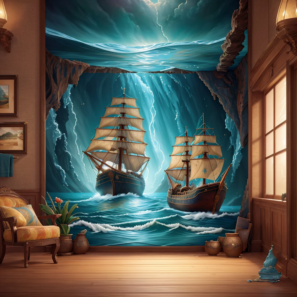 8K, UHD, HDR, intricate details, photograph, realistic, highly detailed,
An oil painting depicting a ship on a turbulent ocean. Water pours from the painting into the room and onto the floor.
Fantasy style. Fantasy dreamlike art. Surreal Harmony.