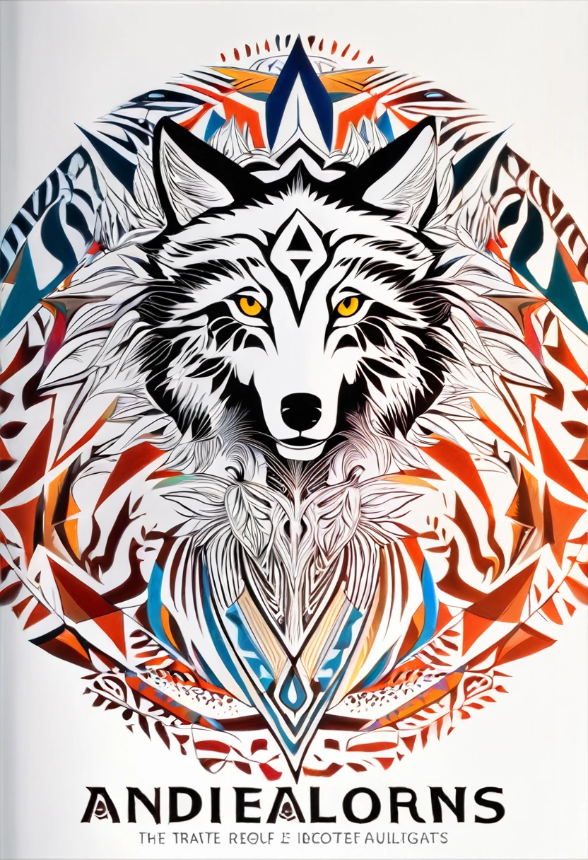 8k, cover_page, Tribal Spirit animals, A t-shirt design inspired by tribal art and folklore, featuring intricately detailed spirit animals such as wolves, The design incorporates geometric patterns and bold linework to create a striking and powerful composition, white background,