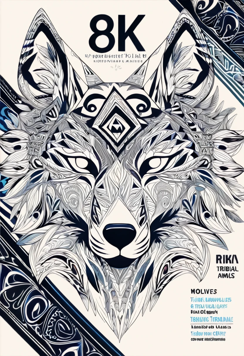 8k, cover_page, Tribal Spirit animals, A t-shirt design inspired by tribal art and folklore, featuring intricately detailed spirit animals such as wolves, The design incorporates geometric patterns and bold linework to create a striking and powerful composition, white background,