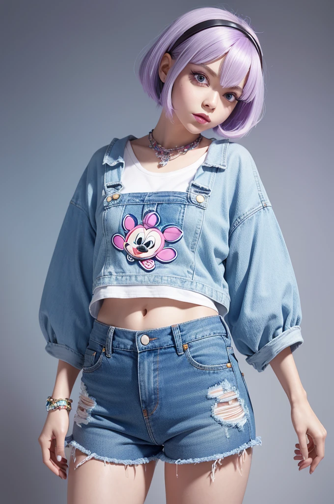 Character from the film fun mind Disney Pixar 3D style with lilac hair lilac eyes a barrette made of jewelry a pair of denim shorts face with the print happy light skin white background 8k quality