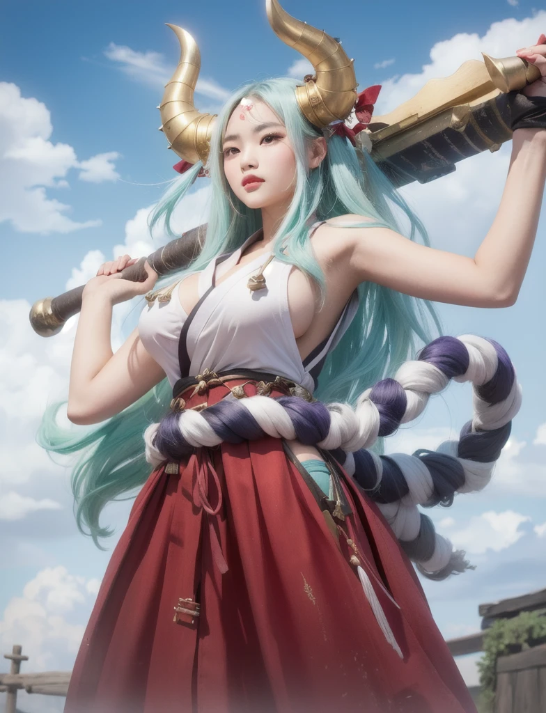 cute jananense girl, red horn, Wearing a white sleeveless kimono, studded two-handed war club (kanabō), big breast, realistic