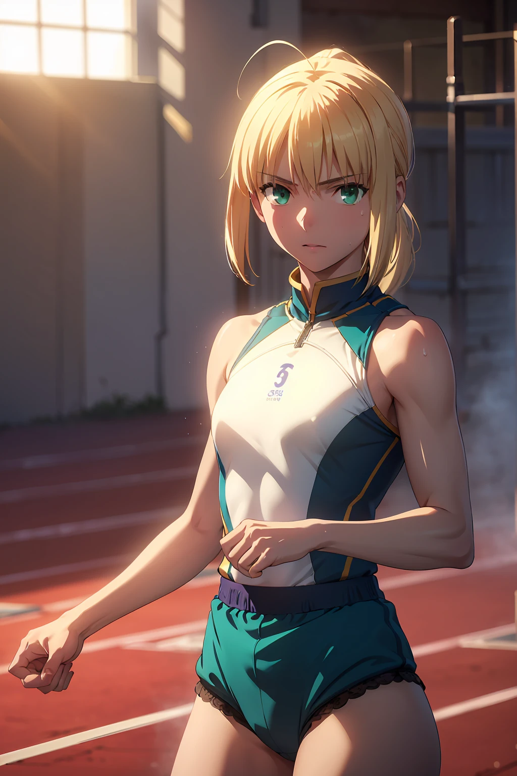 (Highest quality:1.5, High resolution, uhd, 4K, Detailed lighting, Shaders), 　(artoria pendragon), solo short hair short hair,ponytail　Green Eyes　Cool face　　((Racing Bloomers　Track and field uniform))++　Sports bra with a small area　Realistic sun rays　 Sweat　Super oily skin　Beautiful Abs