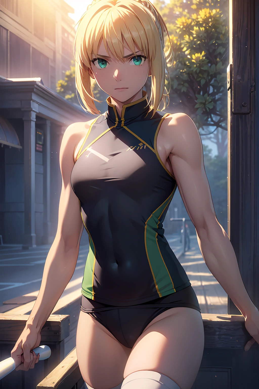 (Highest quality:1.5, High resolution, uhd, 4K, Detailed lighting, Shaders), 　(artoria pendragon), solo short hair short hair,ponytail　Green Eyes　Cool face　　((Racing Bloomers　Track and field uniform))++　Sports bra with a small area　Realistic sun rays　 Sweat　Super oily skin　Beautiful Abs