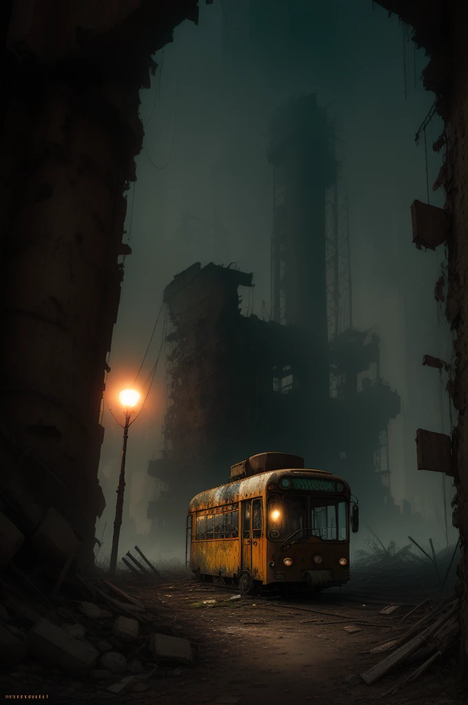 (Best Quality,4K,8K,high resolution, Masterpiece:1.2),ultra detailed, sharp focus,(realist,photorealist,photo-realist:1.37),extremely fine details, intricate details,vivid colors,intense colours,Deep contrast,cinematic depth of field,cinematographic composition,cinematic camera angle(Photography focused on abandoned industrial machinery.), abandoned coal mine landscape, machine placed, ((Trolleybus in ruins, Abandoned heavy equipment, industrial waste)), quiet, Lonely, minimalist, industrial environment, Heavy equipment, spiderweb, dusty, Disturbing silence, crumbling walls, oxide, overgrown vegetation, Remnants of past activities, dark space, broken window, calm colors, mysterious atmosphere