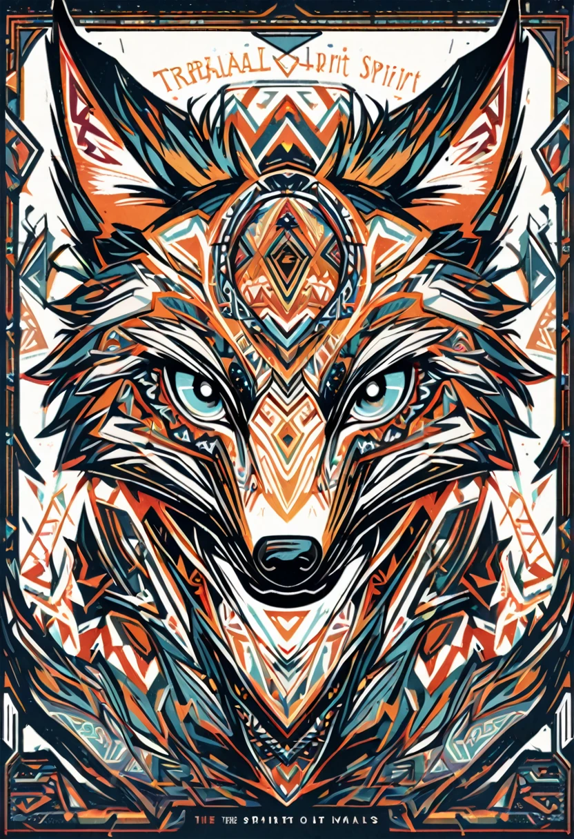 8k, cover_page, Tribal Spirit animals, A t-shirt design inspired by tribal art and folklore, featuring intricately detailed spirit animals such as wolves, The design incorporates geometric patterns and bold linework to create a striking and powerful composition, white background,