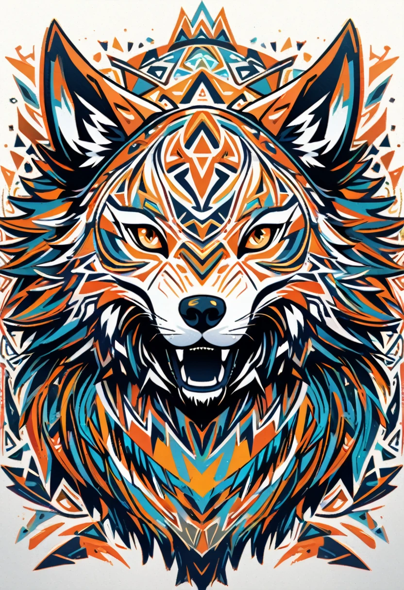 8k, cover_page, Tribal Spirit animals, A t-shirt design inspired by tribal art and folklore, featuring intricately detailed spirit animals such as wolves, The design incorporates geometric patterns and bold linework to create a striking and powerful composition, white background,