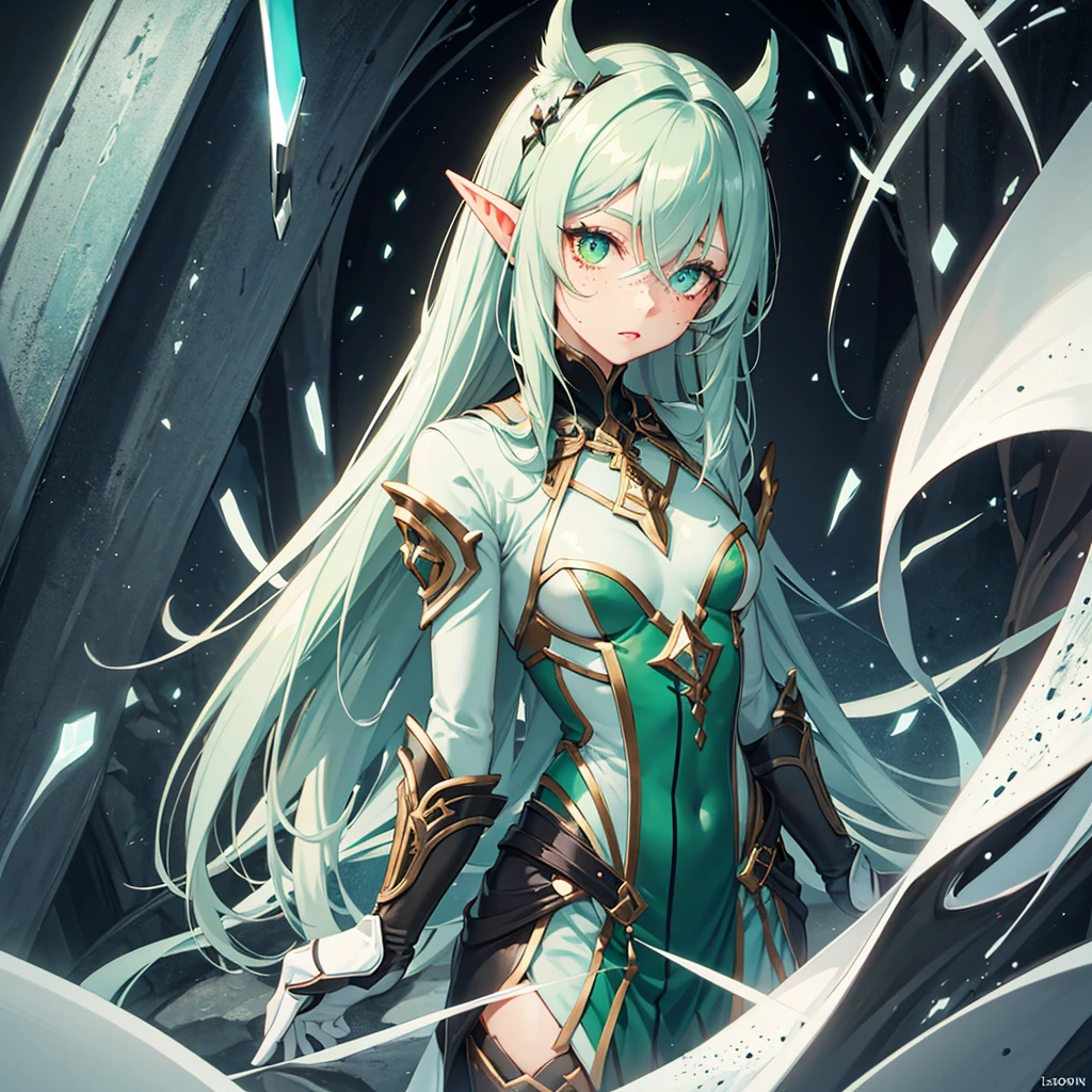 Cute dark elf girl, with light gray skin and light green eyes. With dark green eyes, height 160, with small freckles on his face