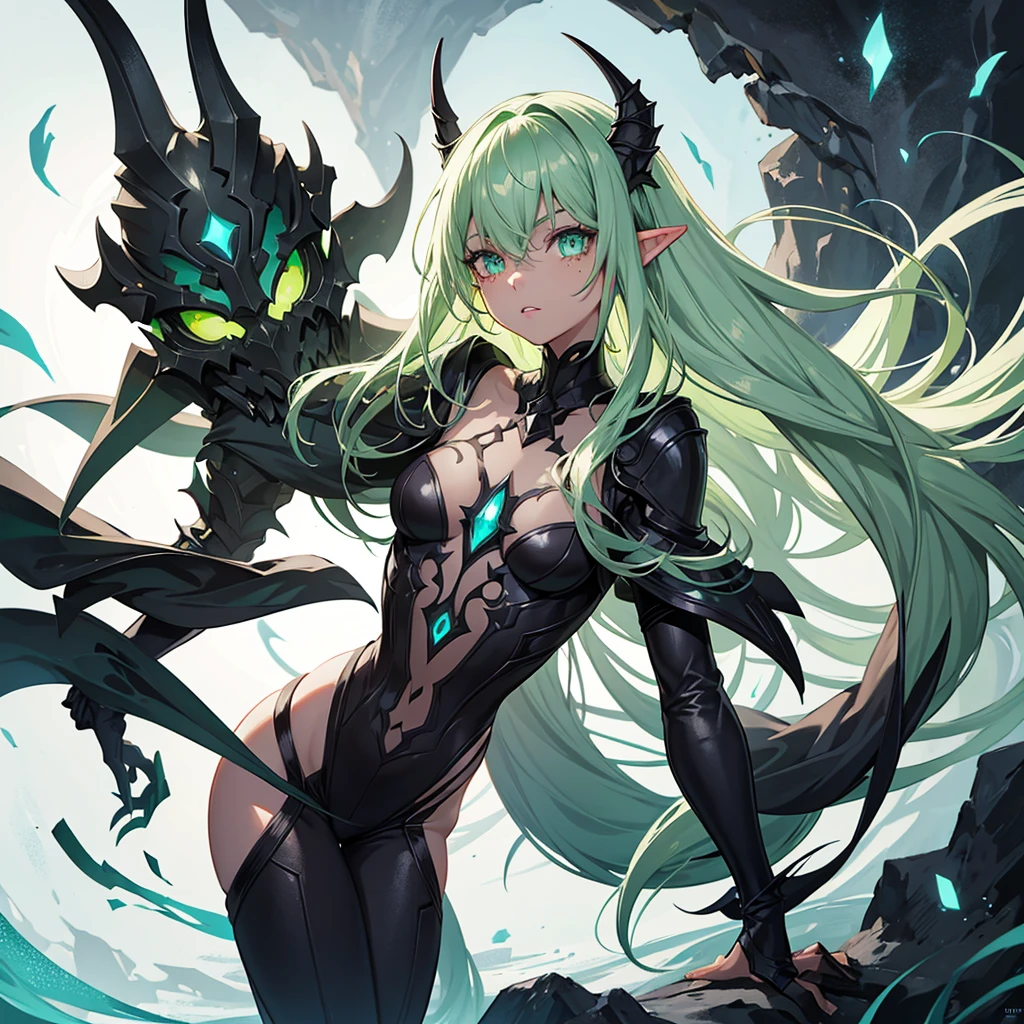 Cute dark elf girl, with light gray skin and light green eyes. With dark green eyes, height 160, with small freckles on his face