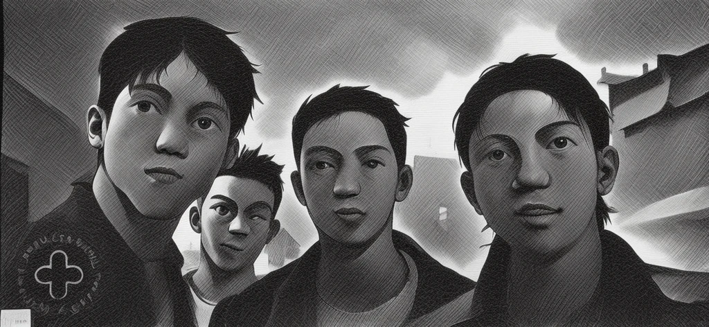 There are two 17 year old boys with black hair, yellow eyes, they are talking while walking through the streets of a town.