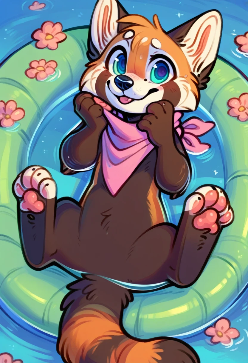 distance shot, kawaii, anthro, big cute eyes looking at me! there is a blue inflatable red panda with pink scarf white paws snout torso and around the eyes, laying down on their back in the water, paws on cheeks, nozzle on belly, big glowing wide black (Brazilian fire opal:0.7) eyes, pink pawpads, bopper paws, full cheeks, wholesome, ultra-glossy overhead, handle,  ultra-glossy, wiggly gritty realism 