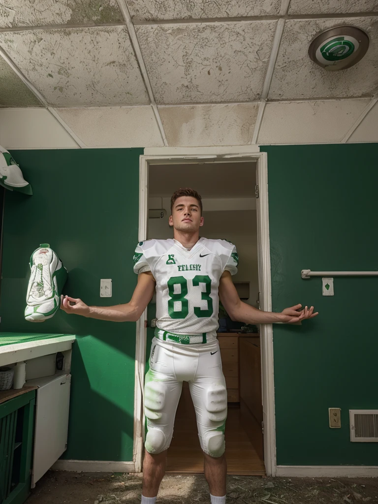 White male Football player wearing green football jersey 