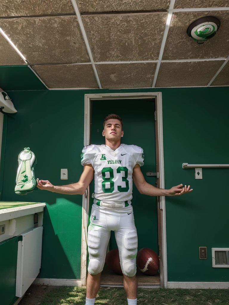 White male Football player wearing green football jersey 