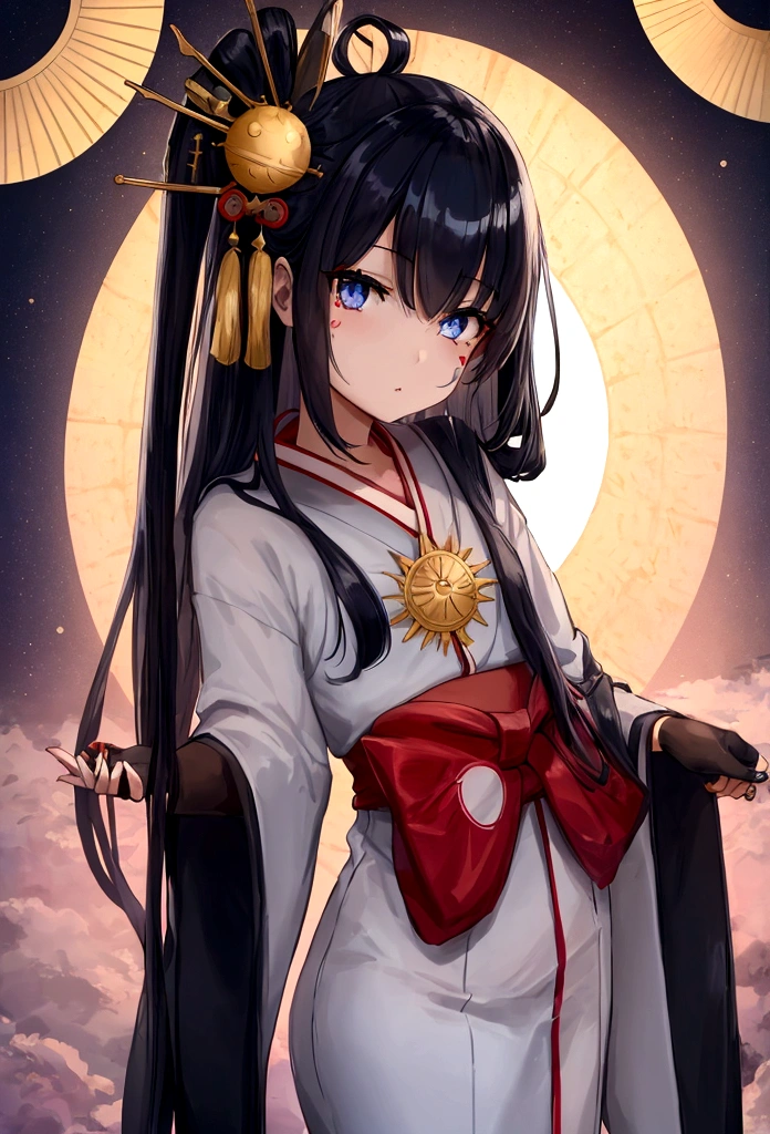 a young girl in a Japanese sailor outfit. with long black silky straight hair. beautiful dark blue eyes. on the right eye a large SUN tattoo.