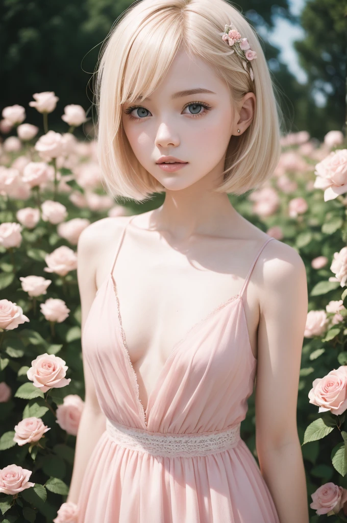8k, photo and gross, fujifilm, Style photography of a beautiful young girl like Avril in a light pink rose garden. (very detailed skin: 1.2) Style-Petal BREAK short hair, blonde hair with colored highlights, wearing a dress, film grain, 35mm, beautiful style