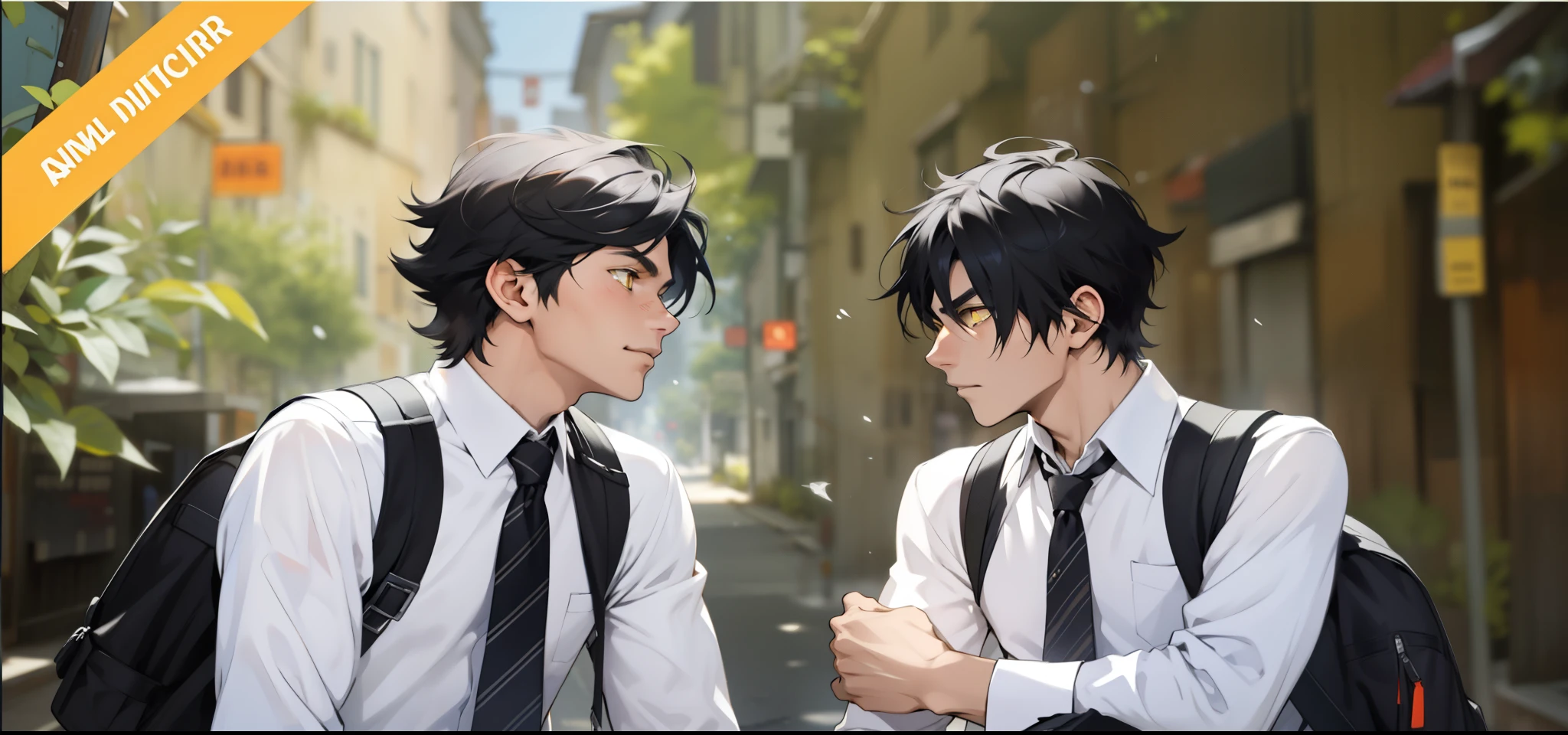 There are two 17 year old boys with black hair, yellow eyes, they are talking while walking through the streets of a town.