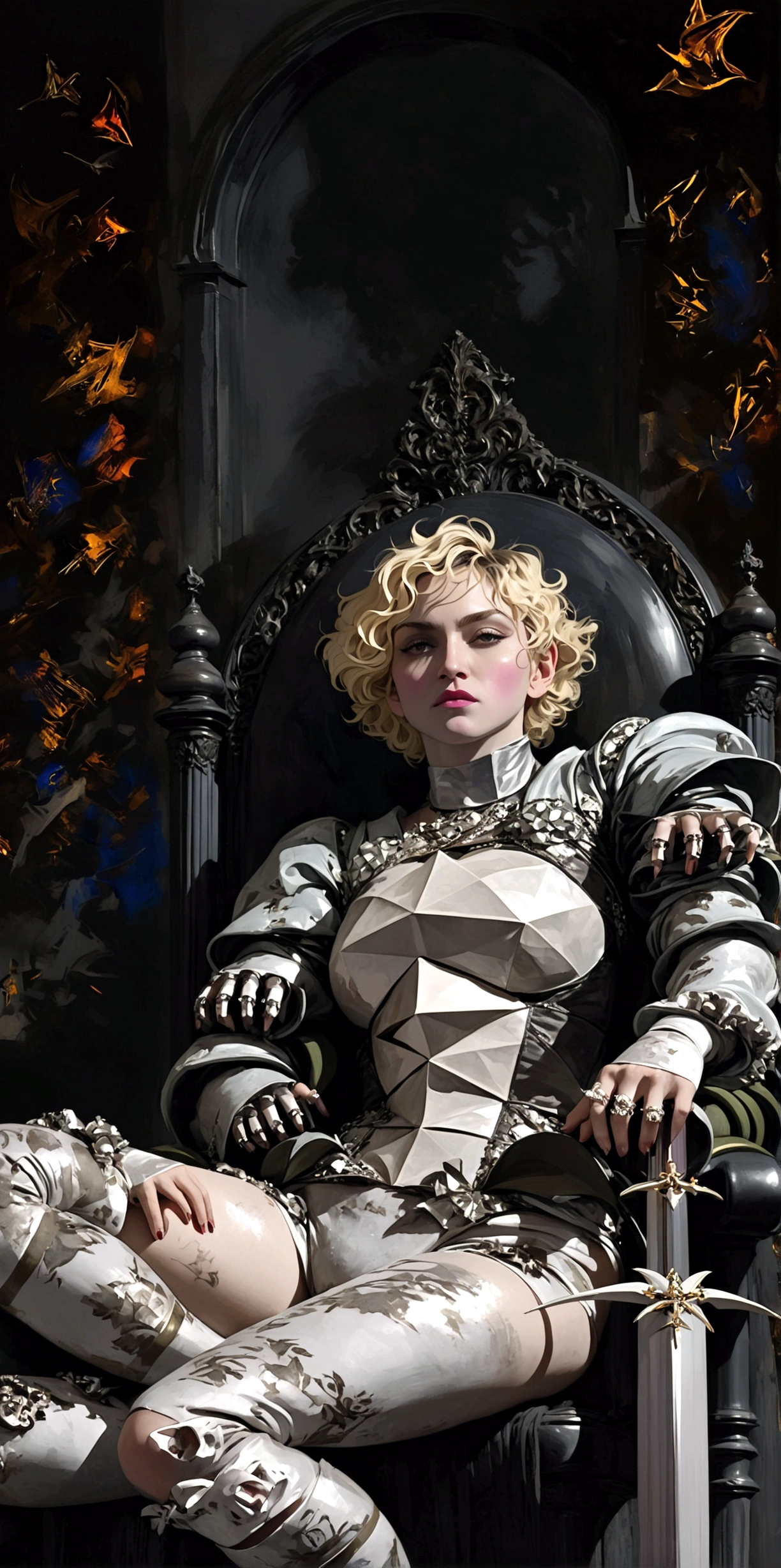 Imagine the singer Madonna at 30 years old sitting on an epic throne, naked