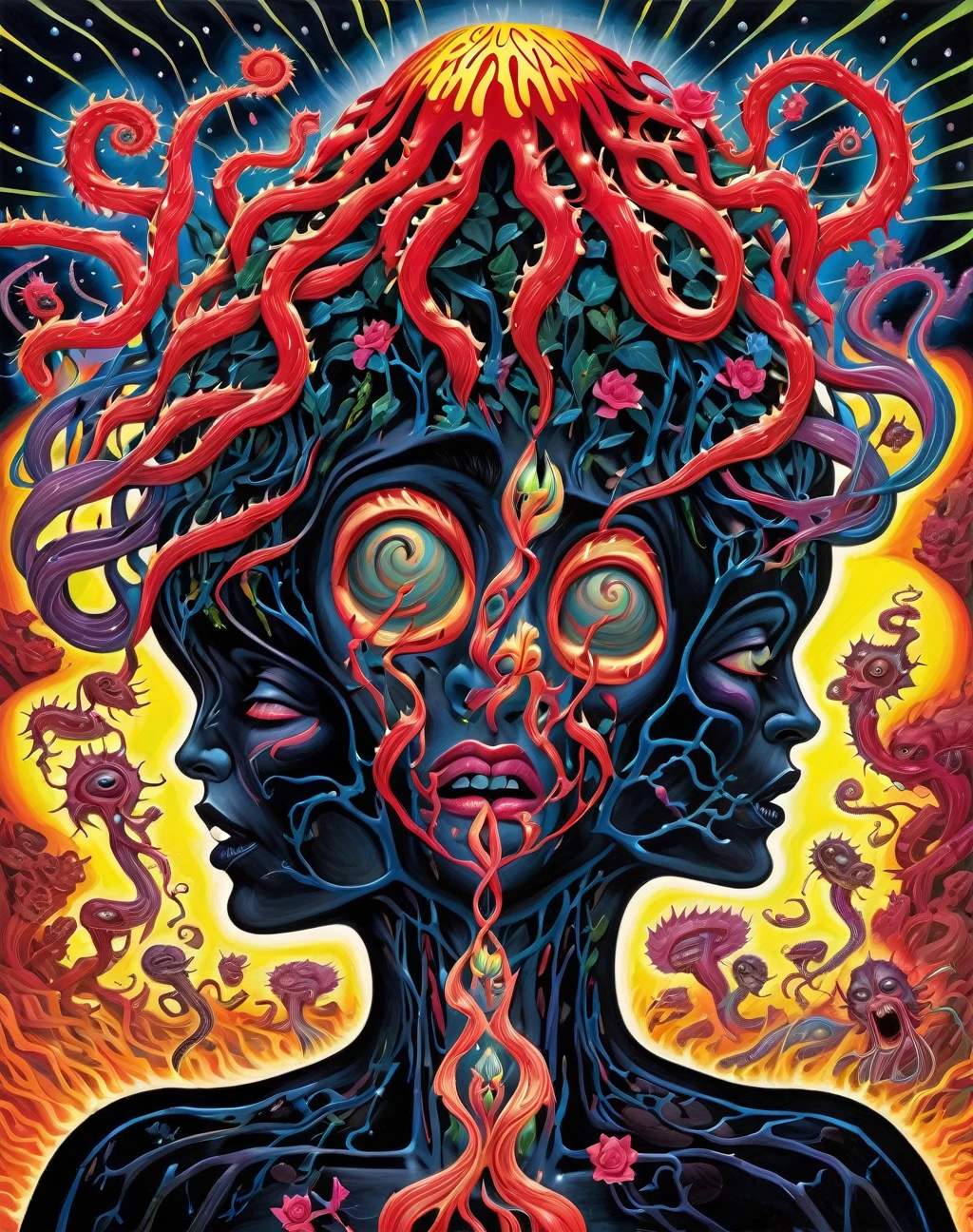 Drawing of a woman with flowers in her hair, Screaming Shadow, Roots and thorns, Featured on artstattion, Black paint runs down, heavy metal artwork, Two people, synesthesia, Comic Cover Art, In praise of the shadow that stands atop the intergalactic rift, Monster cephalopods, Dan DeCarlo, Heavily exaggerated proportions, Apocalypse, Live-action John Waters films, Inspired by Dong Yuan, Rick Amor, 2447, big horns, Mashup al3xxl