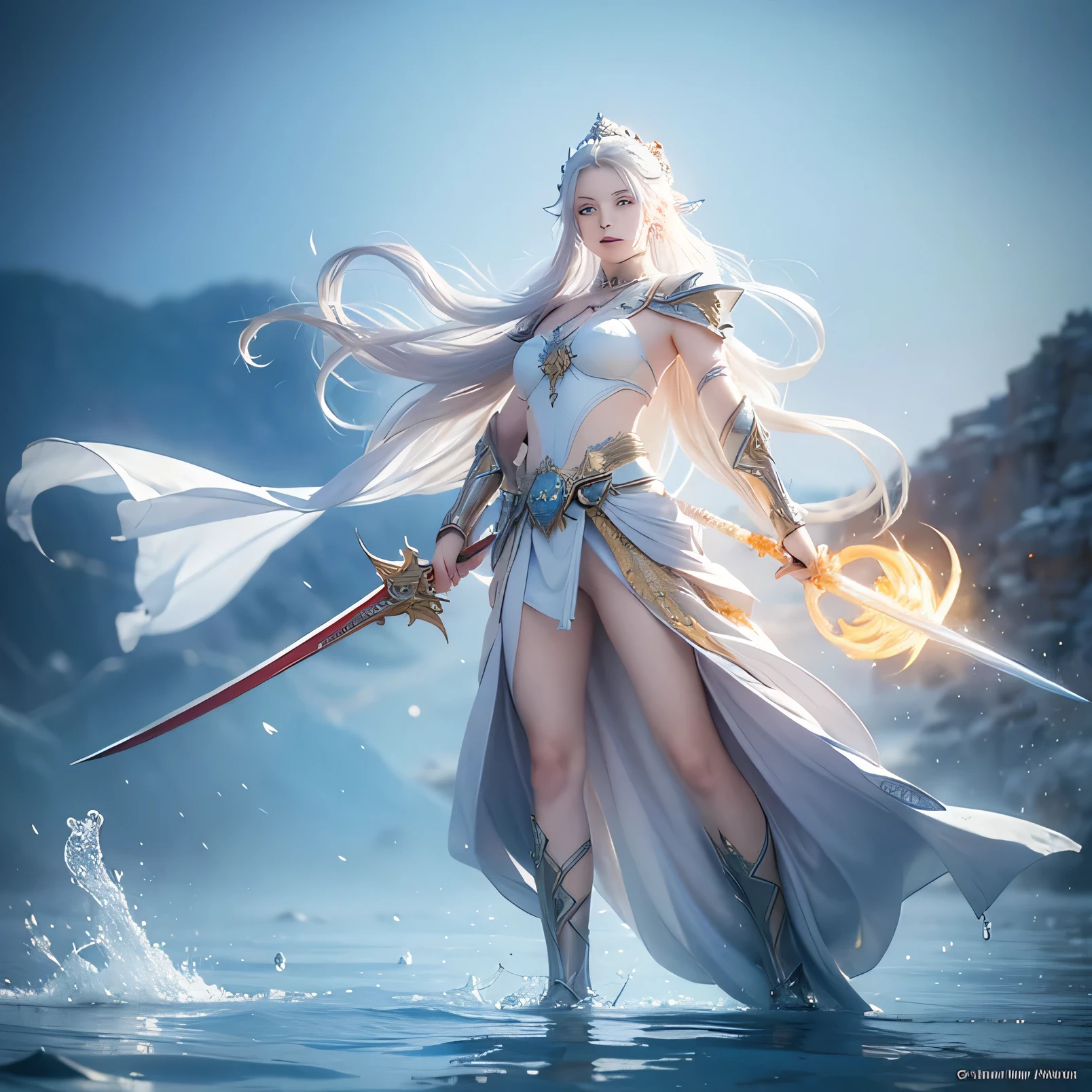 "Create an illustration featuring a powerful fantasy warrior with flowing white hair, holding two swords—one yellow and one red. The warrior has a determined expression and is partially submerged in sand, with a light blue cloak billowing behind them. Surrounding the warrior are ethereal, serpent-like creatures, enhancing the mystical atmosphere. The art style should be detailed and dynamic, reminiscent of classic fantasy illustrations."