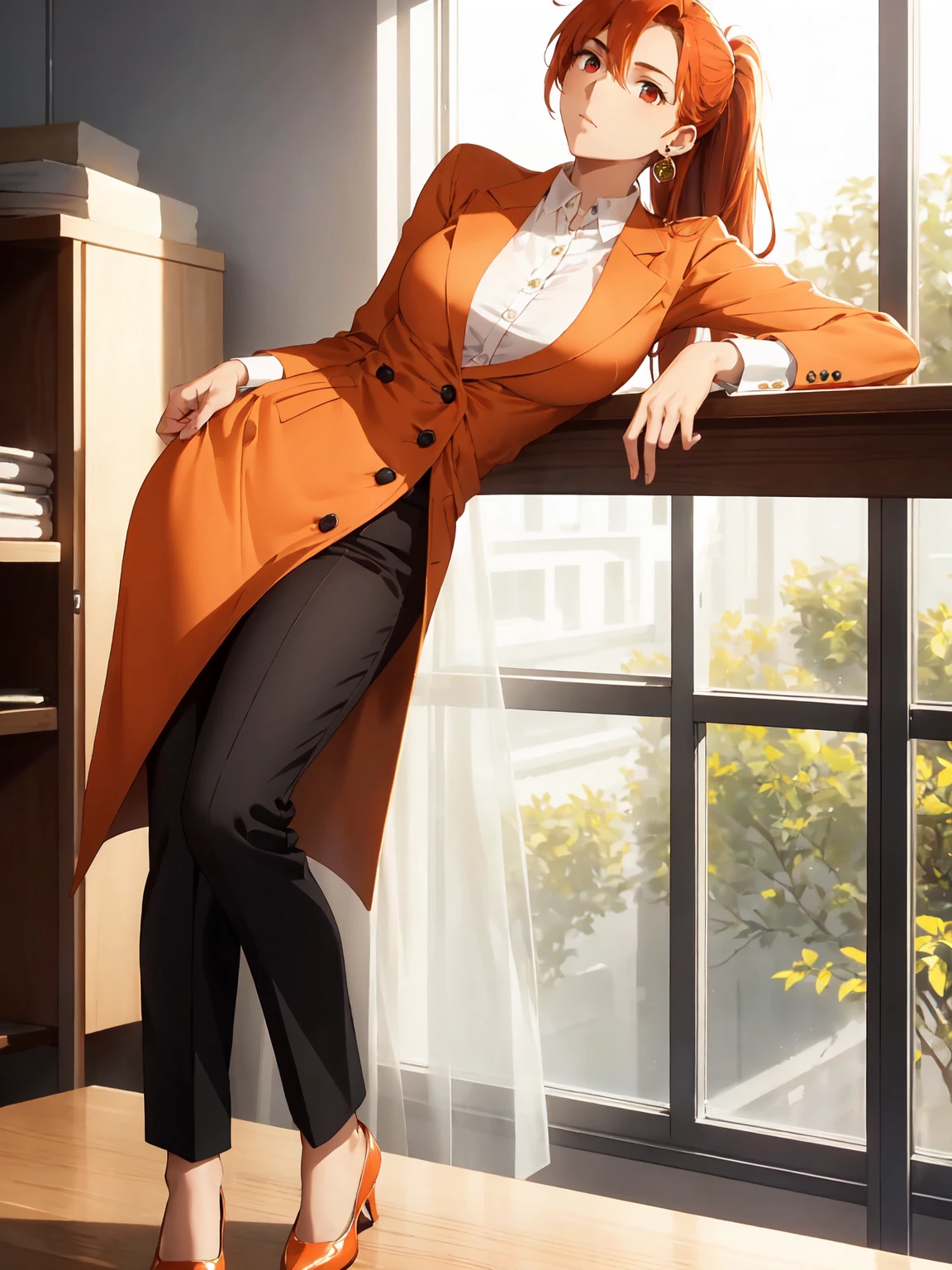 Realistic-style image with razor-sharp 4K quality and vibrant colors. | An elegant and beautiful looking mature woman is standing in her office, wearing tight-fitting dress pants, a simple white t-shirt and a bright orange blazer. Her red hair is neatly pulled back into a high ponytail., revealing his defined eyebrows and piercing red eyes. She has a medium waist and medium breasts, highlighted by your fitted outfit. The woman is looking directly at the viewer, with a confident and self-assured expression. The table behind her is full of documents, indicating that she is a dedicated and hard-working professional. The office is spacious and well lit, with tall windows that allow natural light to enter. Between the elements of the scene, the details of his orange blazer stand out, with golden buttons and impeccable finish. The dress pants are fitted and highlight your firm, shapely legs. The simple white t-shirt is an interesting contrast to the colorful blazer, creating a balanced and harmonious look. The camera is positioned at a medium angle, creating a balanced perspective and emphasizing the woman&#39;s confident pose. The lighting effect is used to create a professional and welcoming environment, with natural light coming in through the windows and illuminating the scene evenly. The image conveys a sense of success, determination and elegance, as if the woman was at the peak of her career and ready to face any challenge.
| (((((The image reveals her in a full-body_shot, striking a confident_pose, leaning enticingly on a structure within the scene. She assumes a relaxed_pose as she interacts, leaning on the structure in the scene, reclining gracefully to add an extra allure to the image))))). | ((perfect_body)), ((perfect_pose)), ((full-body_shot)), ((perfect_fingers, better_hands, perfect_hands)), ((perfect_Legs, perfect_feet)), (((mature woman))), ((perfect_design)), 