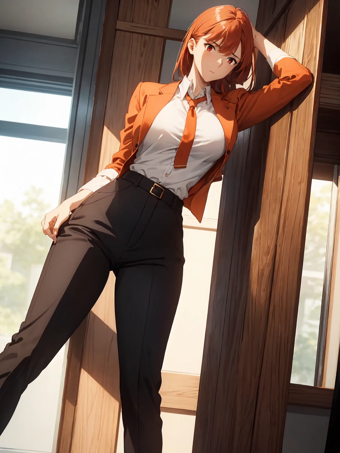 Realistic-style image with razor-sharp 4K quality and vibrant colors. | An elegant and beautiful looking mature woman is standing in her office, wearing tight-fitting dress pants, a simple white t-shirt and a bright orange blazer. Her red hair is neatly pulled back into a high ponytail., revealing his defined eyebrows and piercing red eyes. She has a medium waist and medium breasts, highlighted by your fitted outfit. The woman is looking directly at the viewer, with a confident and self-assured expression. The table behind her is full of documents, indicating that she is a dedicated and hard-working professional. The office is spacious and well lit, with tall windows that allow natural light to enter. Between the elements of the scene, the details of his orange blazer stand out, with golden buttons and impeccable finish. The dress pants are fitted and highlight your firm, shapely legs. The simple white t-shirt is an interesting contrast to the colorful blazer, creating a balanced and harmonious look. The camera is positioned at a medium angle, creating a balanced perspective and emphasizing the woman's confident pose. The lighting effect is used to create a professional and welcoming environment, with natural light coming in through the windows and illuminating the scene evenly. The image conveys a sense of success, determination and elegance, as if the woman was at the peak of her career and ready to face any challenge.
| (((((The image reveals her in a full-body_shot, striking a confident_pose, leaning enticingly on a structure within the scene. She assumes a relaxed_pose as she interacts, leaning on the structure in the scene, reclining gracefully to add an extra allure to the image))))). | ((perfect_body)), ((perfect_pose)), ((full-body_shot)), ((perfect_fingers, better_hands, perfect_hands)), ((perfect_Legs, perfect_feet)), (((mature woman))), ((perfect_design)),