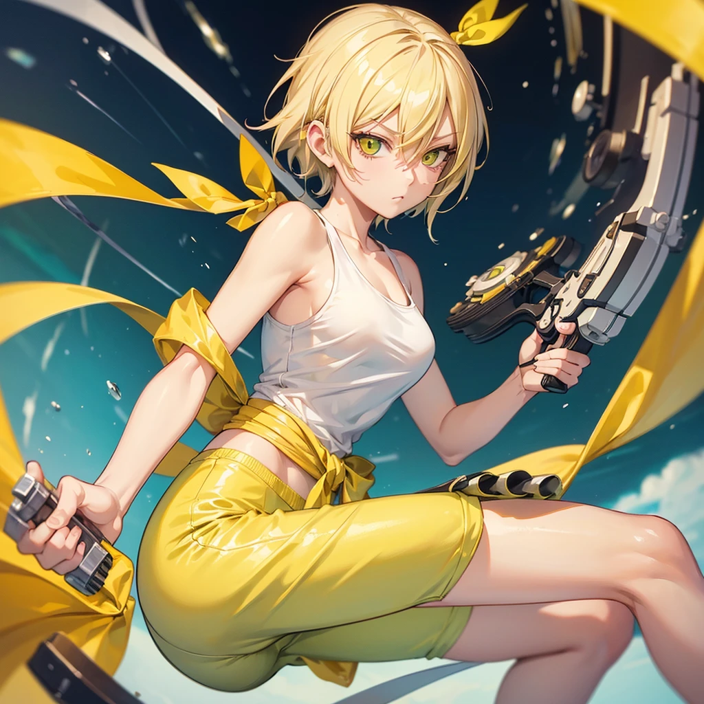 woman similar to gorillaz noodle, short blonde hair ((drawing)), ((anime girl nose)), woman with yellow ribbon wrapped around her body, white tank top, green spandex pants, white sneakers, holding a revolver