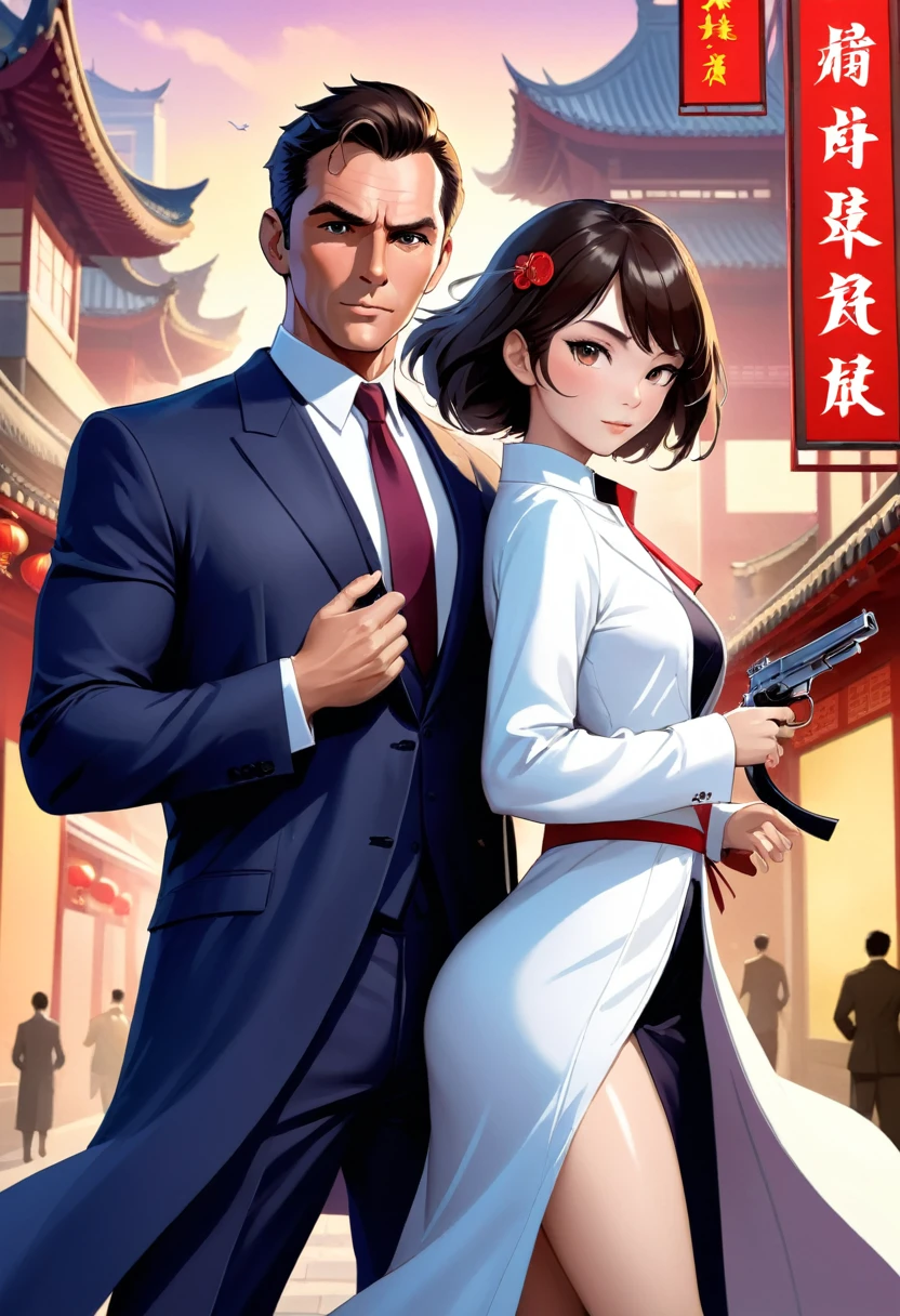 movie poster, movie artwork, concept art of love, romance novel cover, highres, top quality, best quality, perfect artwork, absurdres, perfect anatomy(couple, young 1male detective, 1woman in Chinese dress)(furry, kemono, anthro))with some elements of 007, battle,