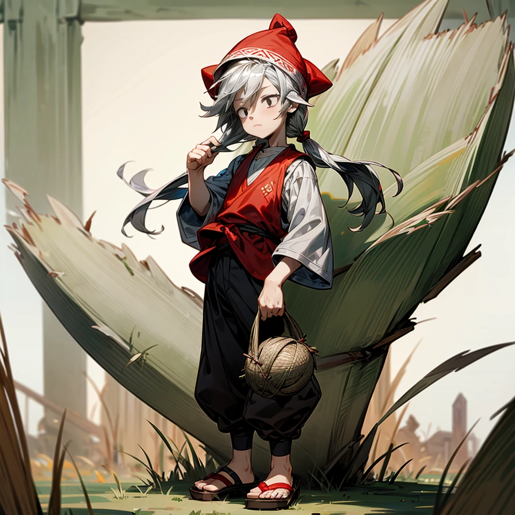 1little boy, Full body version, 1character, black eyes color, milk skin, long hairstyle, sad eyes type, silver colour hair, Farmer villager clothing style, red color clothing, black pants, white scraf, Ancient roman sandals, vest, green Beanie, Grassroots background in field villager, motion blur 