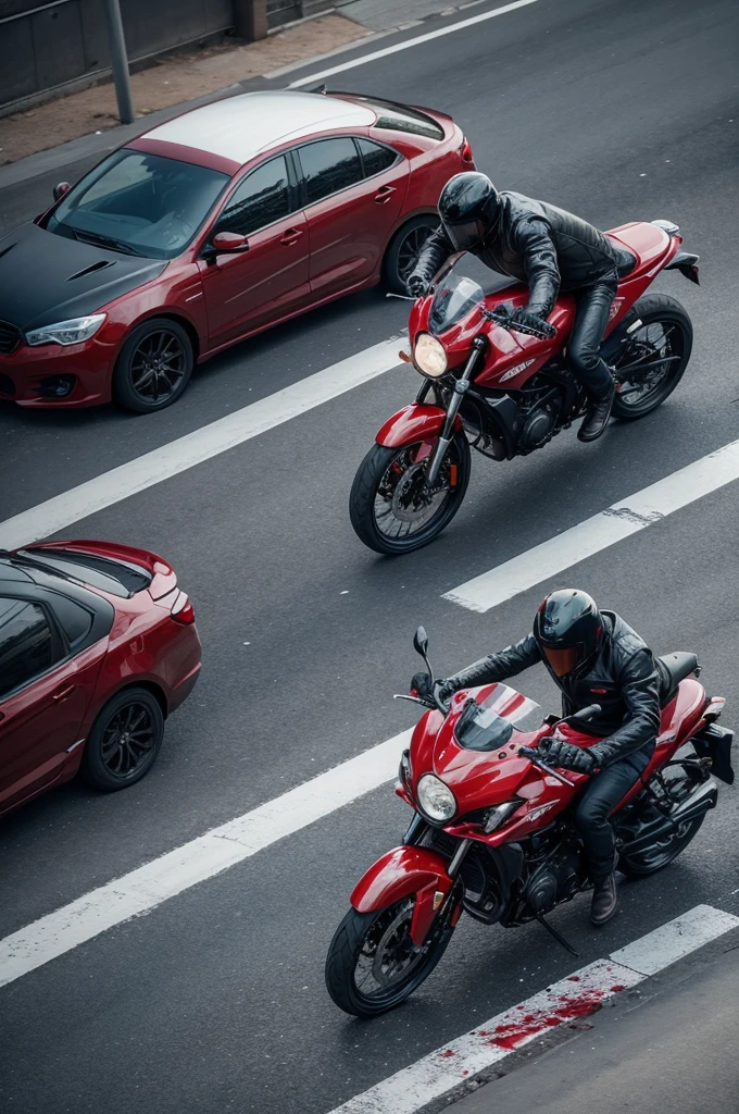 A man covered in blood and a motorcycle running away from several cars