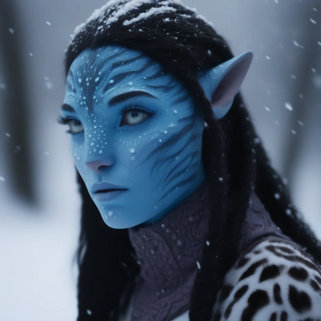 (face portrait), na'vi, female, (lilac eyes), ((big detailed alien eyes)), ((eyebrowless)), ((pointy ears)), (light blue skin tone), (wavy hair), dutchbraids, (black hair color), ((long hair)), (young adult), 18 years old, face wrinkles, ((wearing inuit winter clothing)), (wearing tribal acessories), detailed eyes, snow leopard spots all over skin, toned body, muscled body, vibrant colors, ethereal atmosphere, surrealistic dreamy lighting, textured skin, otherworldly beauty, mesmerizing photography, (best quality, highres), vivid colors, ultrarealistic, skin details, sfw, face close-up, ultradetailed body, (white skin), dark background, snowy forest background