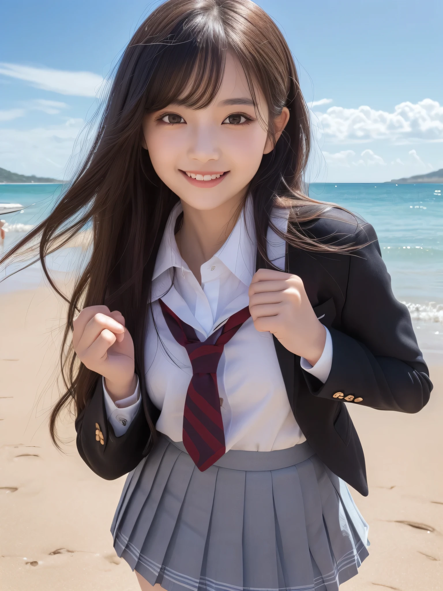 (2girl), kawaii, (round eyes:1.2), (highly detailed face and eyes), (big smile),  Amazing face and eyes, (school uniform, pleated mini skirt:1.3), (Best Quality:1.4), (Ultra-detailed), (extremely detailed CG unified 8k wallpaper), Highly detailed, High-definition raw color photos, Professional Photography, Realistic portrait, summer, (beach), (fine face:1.2),