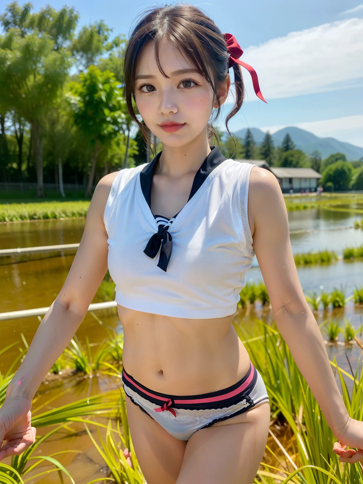 ((Best of the highest quality, 8k, Masterpiece, raw photo: 1.2)), (Sharp focus: 1.2), (1 AESPA, slim body type female, 21 y/o: 1.1), (solo: 1.28), (realistic, photo-realistic:1.37), face focus, cute face, finely eyes, (droopy eyes: 1.32), (Emphasize prominent aegyo-sal with bright: 1.2), shimmering eyeshadow applied under the lower lash line, paired with thick, (small , flat chest, Thigh: 1.3), (short messy hair, updo: 1.28), (school sports wear, ribbon, panties, walking river, (rice field, paddy field: 1.1), flower, (from below: 1.16)