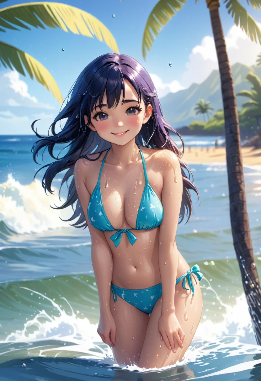 cover page, Hawaii's tourist magazine, highres, top quality, best quality, paid reward available, unparalleled masterpiece, perfect artwork, absurdres(angelic cute 1girl, cat girl)perfect anatomy, best pose as a subject, Wet skin, water droplets, smile, playing in the water, seashore, Palm tree, Swim suit, pareu, twilight, concept, camera angle, good lighting,