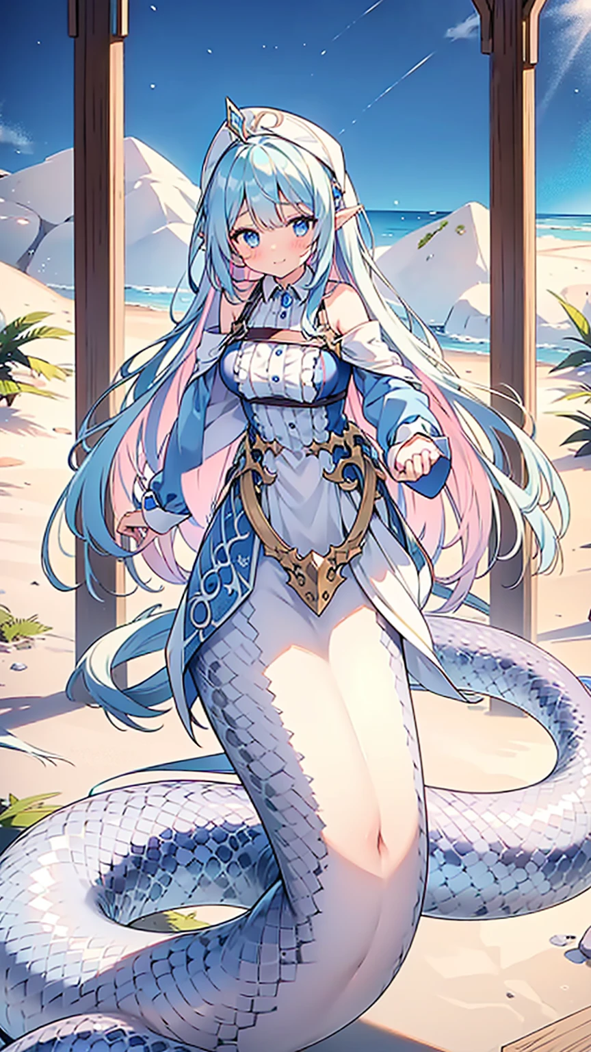 masterpiece, best quality,(Complete fingers),A girl,Headdress,Lamia,Blue snake tail,Blue long hair,blue eyes,Witch Hat,swimsuit,full-body shot,charming脸, Oval face(Kawaii, charming,Soft)