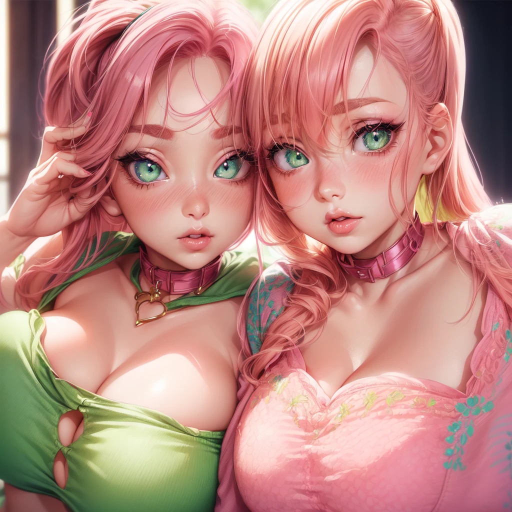((2 girls), solo, clevage, Big round breasts, realistic, pink hair, blonde hair, light green eyes, lip gloss, detailed face, amazing big eyes, eye details, big lips, eyebrow details, blush, mouth open, close up, portrait picture, collar bone, looking at camera, side by side, pink bra