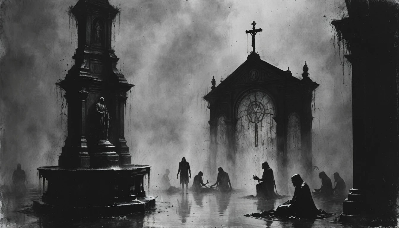 a painting of a ((fountain with corpses)), dead bodies, vampire the masquerade bloodlines, incredible art, gloomy background, nimbus, church ragged vestments, darksketch
