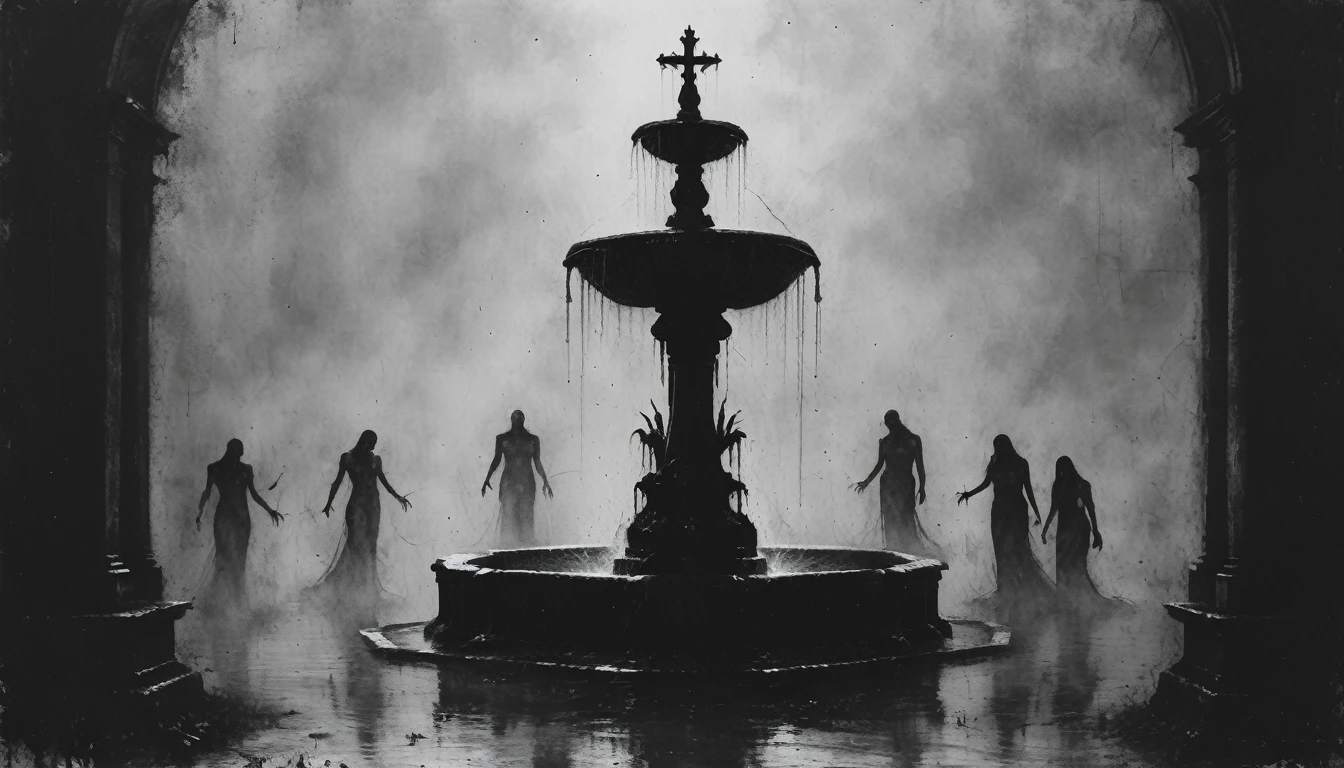 a painting of a ((fountain with corpses)), dead bodies, vampire the masquerade bloodlines, incredible art, gloomy background, nimbus, church ragged vestments, darksketch
