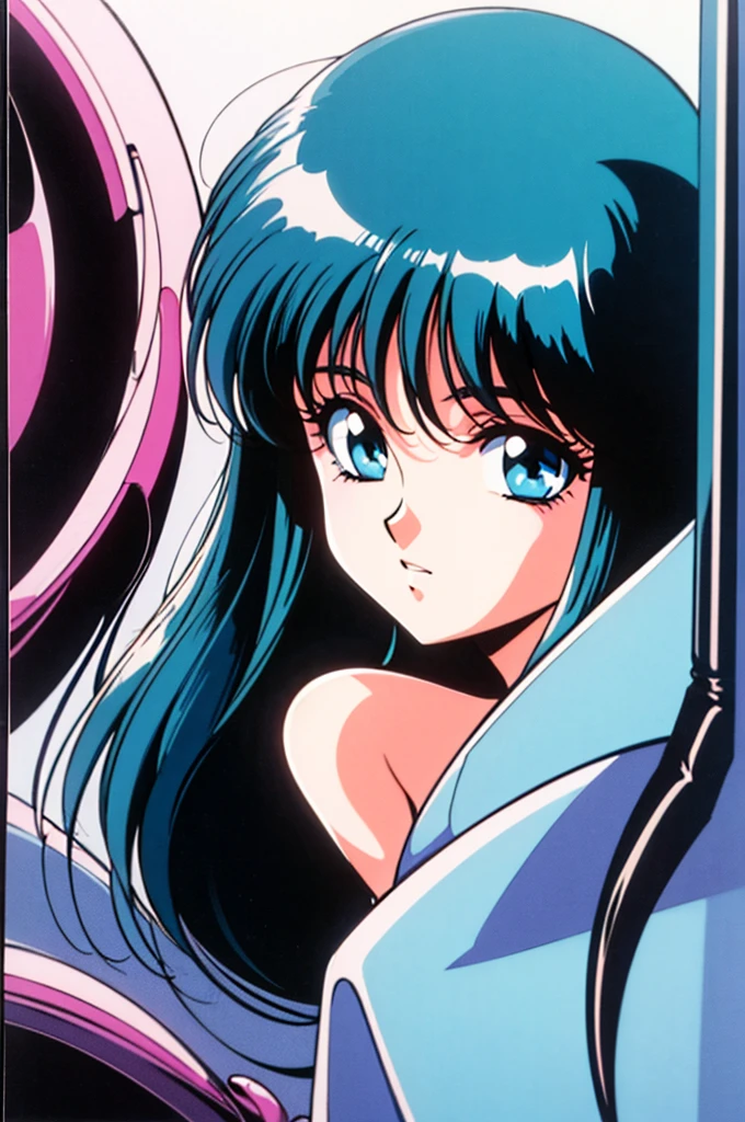 1990s (style), Anime girl, long black hair, cybercore aesthetic, blue, light blue, portrait shot

