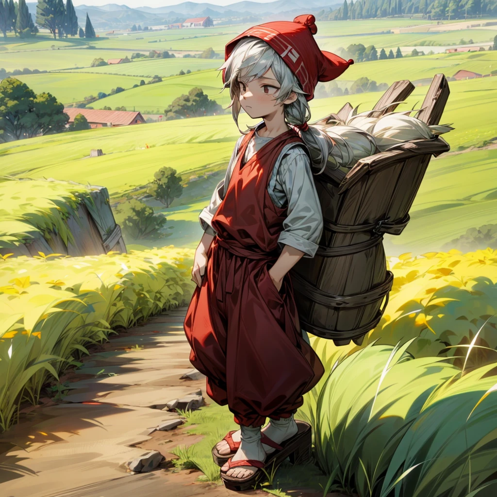 1little boy, Full body version, 1character, black eyes color, milk skin, long hairstyle, sad eyes type, silver colour hair, Farmer villager clothing style, red color clothing, black pants, white scraf, Ancient roman sandals, vest, green Beanie, Grassroots background in field villager, motion blur